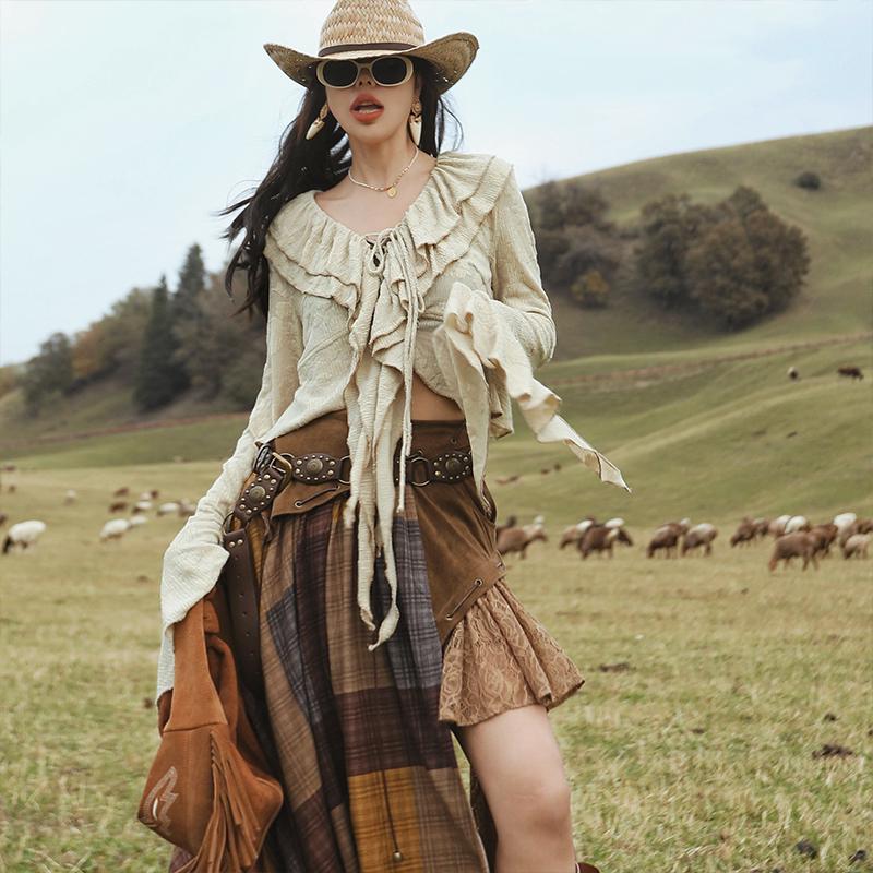 复古不规则荷叶边针织开衫短上衣