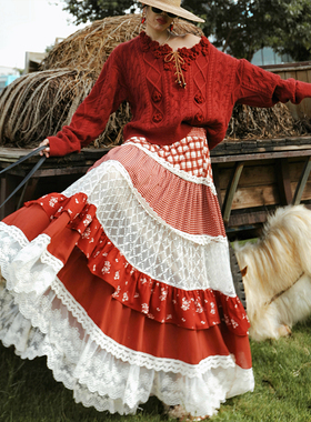 麦叙原创《甜野来信》法式田园风蕾丝格子印花拼接蛋糕裙女半身裙