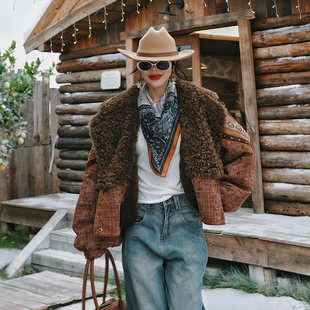 麦叙原创《西牧往事》复古重工民族风撞色仿羊羔毛外套女加绒上衣