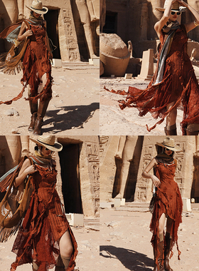 麦叙原创《朱砂玫瑰》埃及度假废土风复古红色不规则吊带连衣裙