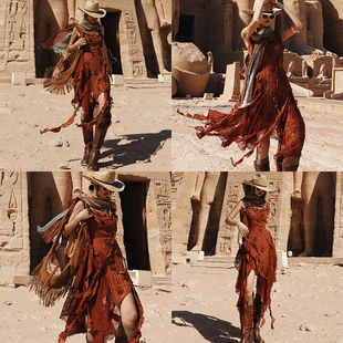 麦叙原创《朱砂玫瑰》埃及度假废土风复古红色不规则吊带连衣裙