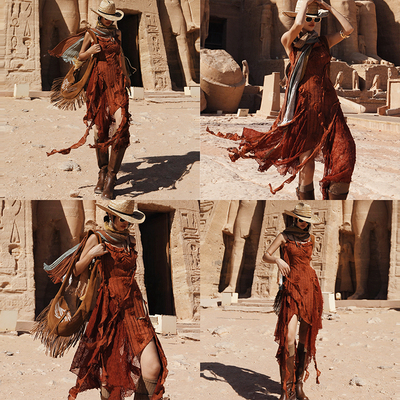 埃及度假废土风红色吊带连衣裙