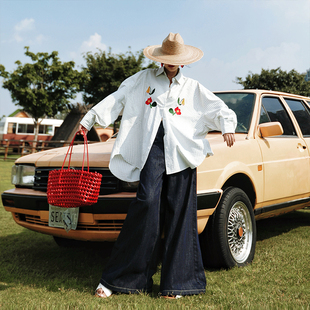 麦叙原创《四时花》法式宽松慵懒风刺绣条纹长袖衬衫女中长款外搭