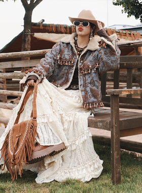 麦叙《嘻游记》游牧民族风复古流苏提花植绒牛仔外套女加绒上衣