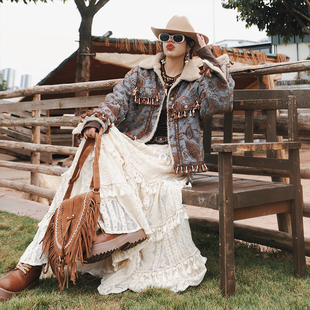 麦叙《嘻游记》游牧民族风复古流苏提花植绒牛仔外套女加绒上衣