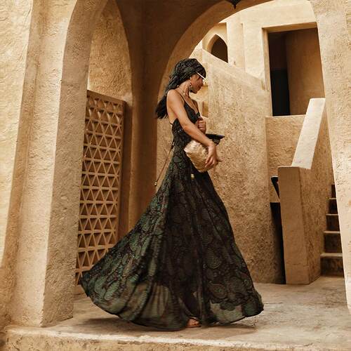 异域度假风印花吊带连衣裙长裙