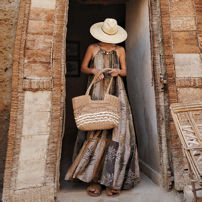 复古度假风竹子印花吊带连衣裙