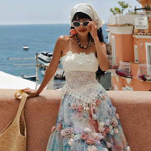 麦叙原创《羽茉》法式度假风纯欲辣妹风重工立体花蕾丝抹胸上衣女