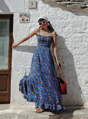 麦叙原创《蓝调玫瑰》法式复古蓝色玫瑰印花吊带连衣裙度假风长裙