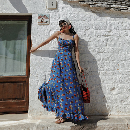 法式复古蓝色印花吊带连衣裙长裙