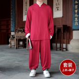 风P斜襟盘扣亚麻棉麻衬衫夹克大裤裆裤套装男TZ151-P173控198，男装夹克，电商A005
