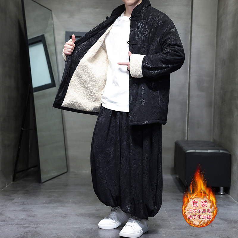 新中式F龙纹灯芯绒羊羔毛夹克棉衣服保暖套装男TZ131-P203控228图片