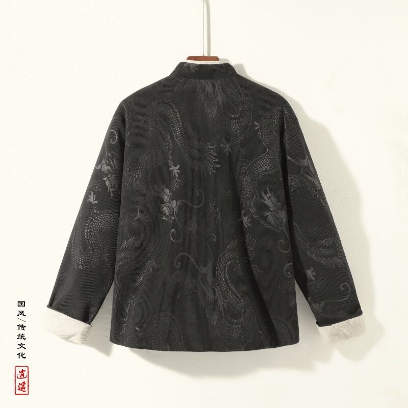 新中式AE斜襟盘扣龙纹灯芯绒中山装立领夹克外套男JK20-P105控138,男装夹克,电商A005