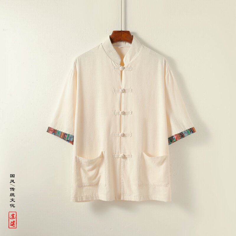 新中式P风民族风拼色盘扣亚麻棉麻衬衫外套男CS78-P75控88，男装衬衫，电商A005