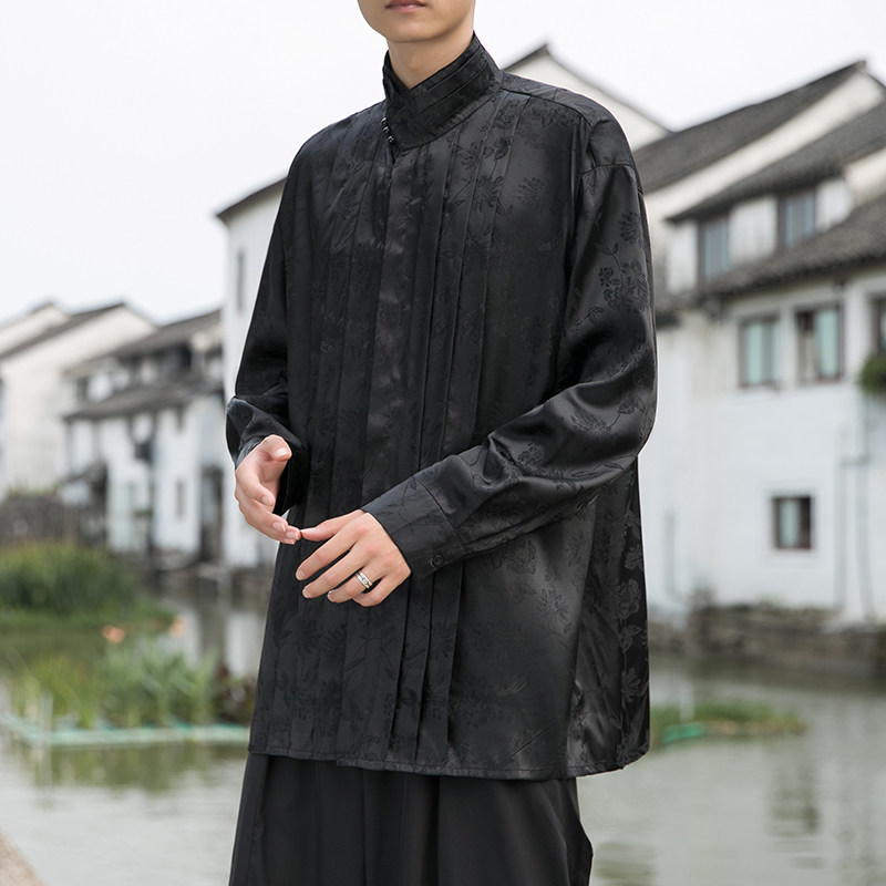 改良中式H缎面提花冰丝长袖珍珠扣立领小众衬衫男CS09-P75控98,男装衬衫,电商A005