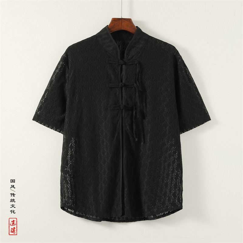 新中式K盘扣小众镂空设计透气冰丝菱形纹短袖衬衫男CS53-P68控88,男装T恤,电商A005