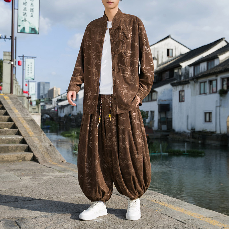 新中式风A树叶灯芯绒夹克衬衫束脚裤套装男TZ39-P136控158图片