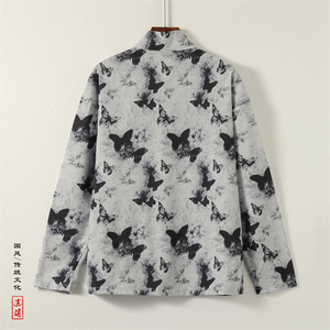 新中式J盘扣长袖衬衫男改良汉服唐装蝴蝶印花外套CS28-P68控88图片