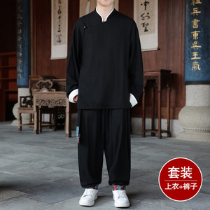 风N斜襟盘扣亚麻棉麻衬衫夹克大裤裆裤套装男TZ151-P173控198图片