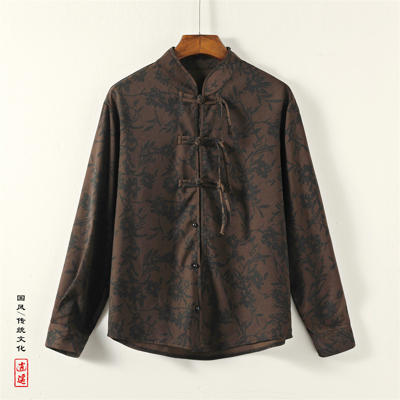 新中式C盘扣长袖衬衫男汉服唐装中山装树叶印花外套CS26-P68控88图片