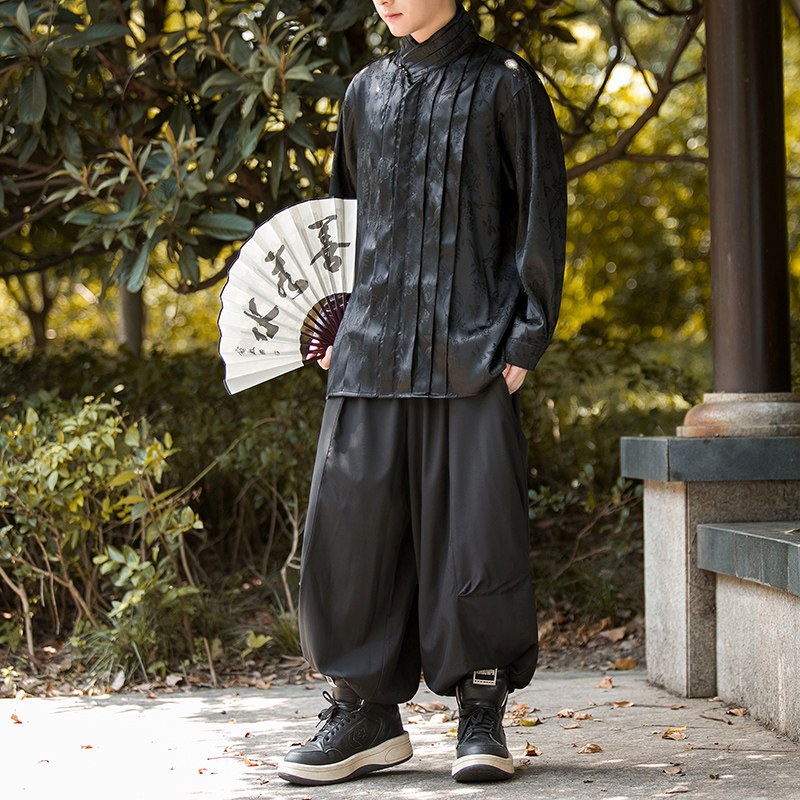 新中式A叠皱风不规则高领衬衫束脚裤套装男TZ32-P140控168，男装T恤，电商A005