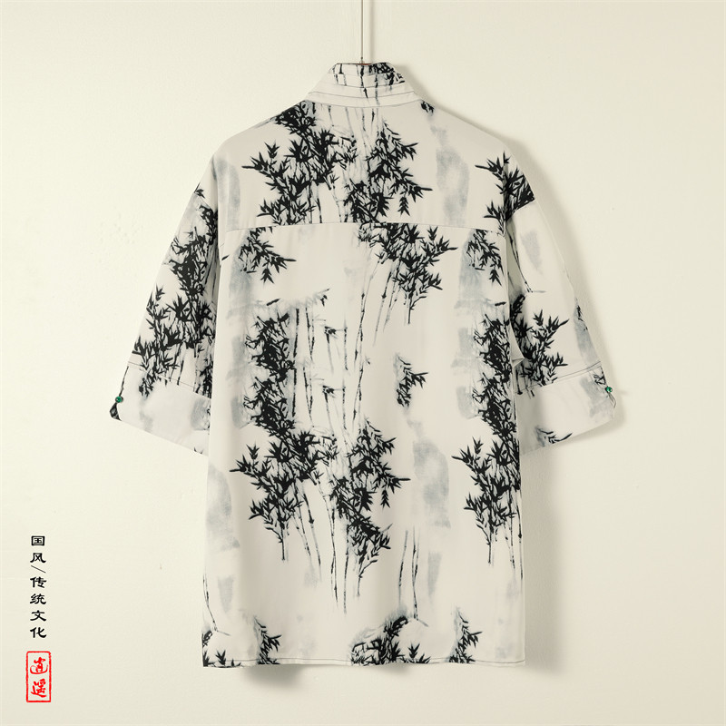 新中式A风树叶冰丝复古珍珠扣立领小众中袖衬衫男CS67-P70控98,男装衬衫,电商A005
