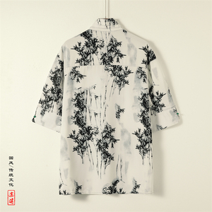 新中式A风树叶冰丝复古珍珠扣立领小众中袖衬衫男CS67-P70控98图片