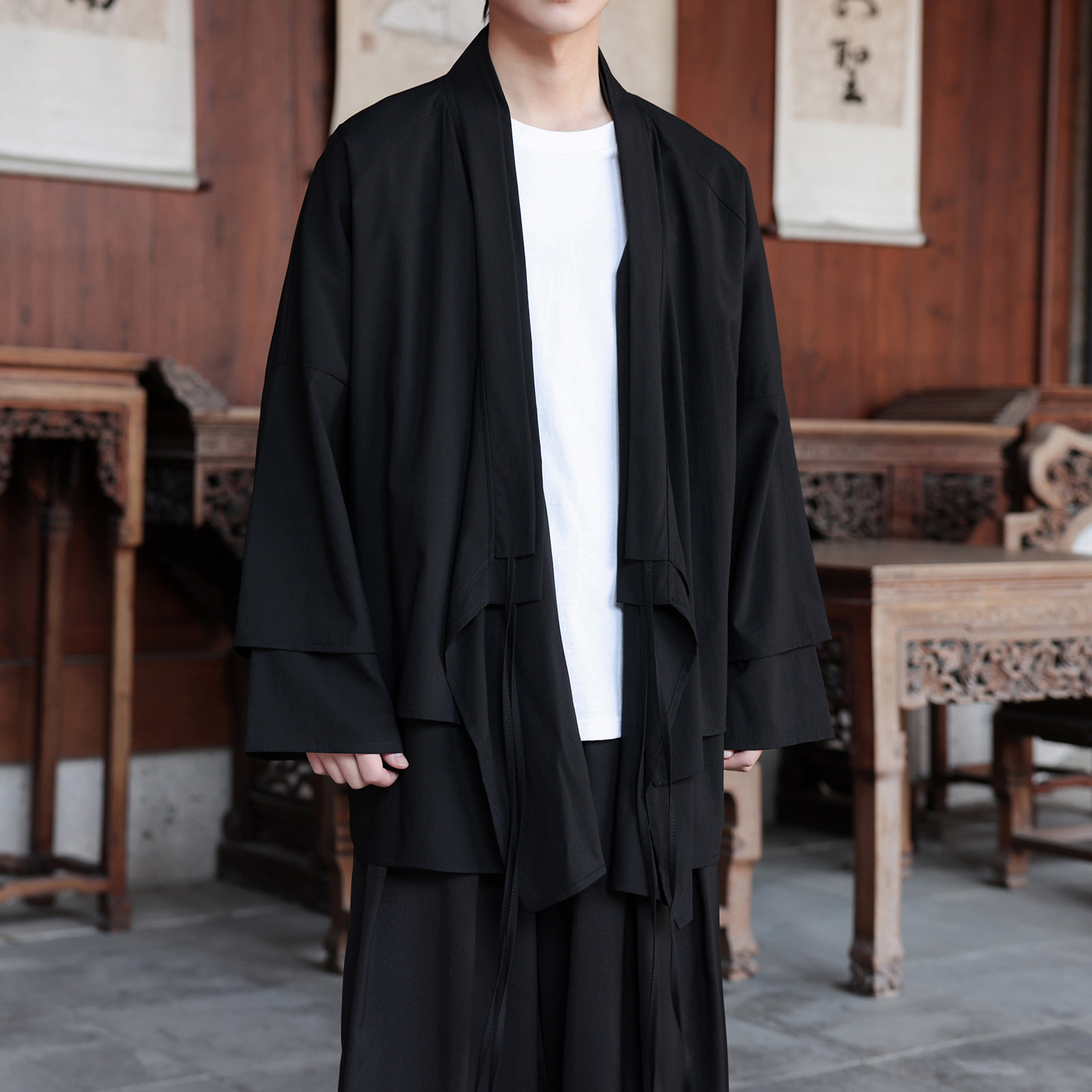 新中式假两件设计感道袍宽松开衫中长款汉服男披风FY09-P95控118,男装民族服装,电商A005