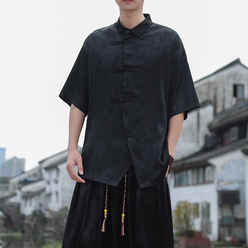 新中式F风暗黑盘扣小众树叶提花冰丝短袖衬衫男CS51-P65控88,男装T恤,电商A005