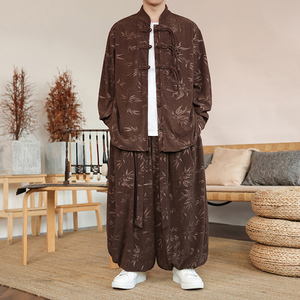风盘扣J树叶暗花灯芯绒衬衫夹克束脚裤套装男TZ119-P136控158