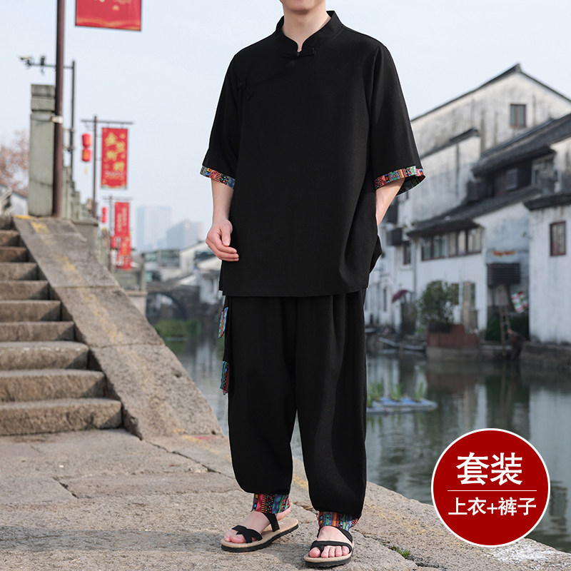 民族风C斜襟盘扣亚麻拼色中袖衬衫阔腿裤套装男TZ157-P143控168,男装衬衫,电商A005