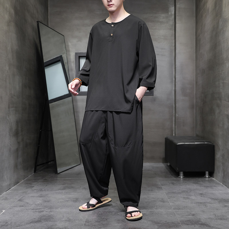 风C纽扣冰丝风古风t恤男T廓形哈伦裤男TZ63-P110控138,男装T恤,电商A005