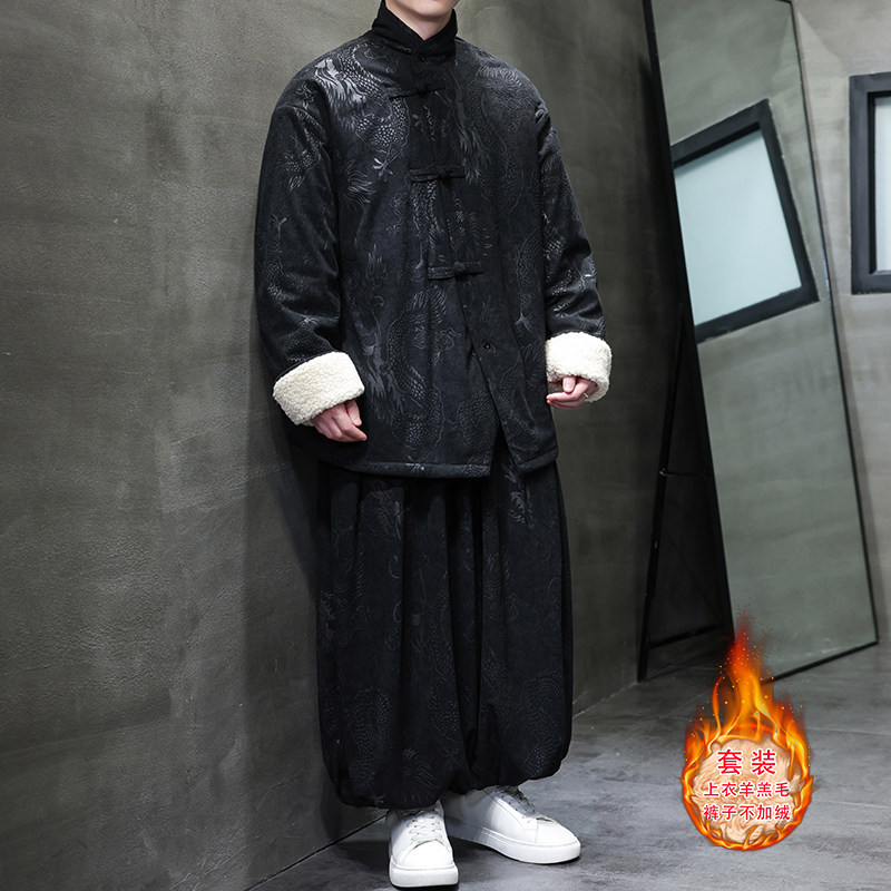 新中式A龙纹灯芯绒羊羔毛夹克棉衣服保暖套装男TZ131-P203控228,男装夹克,电商A005