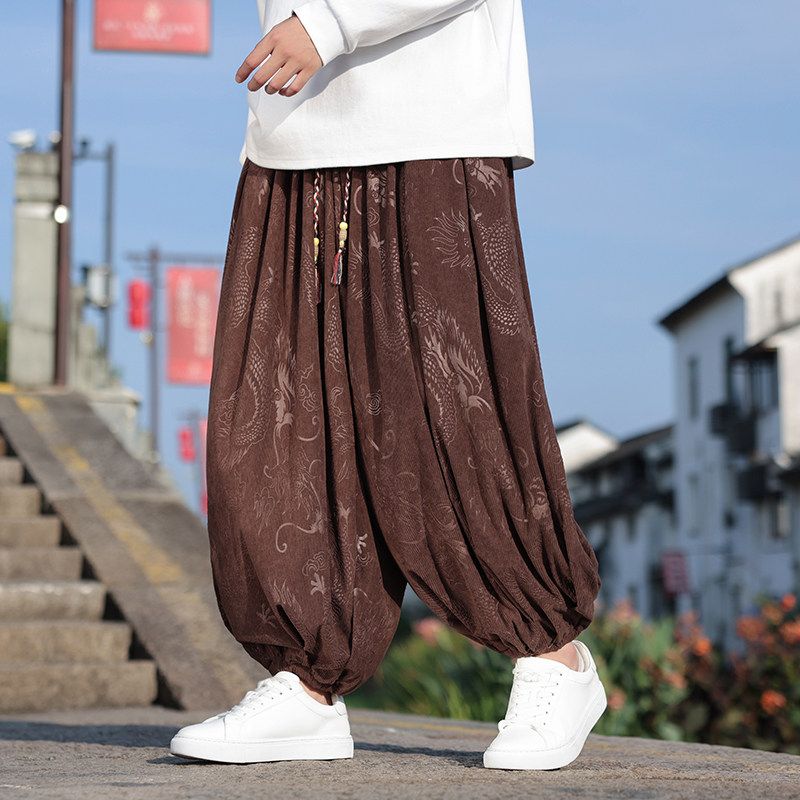 风Q龙纹暗纹新中式保暖灯芯绒阔腿束脚裤男K197-P68控88图片