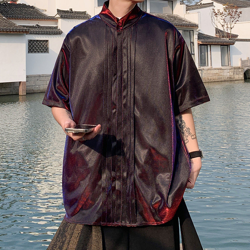 改良新中式D褶皱设计舞台亮闪闪冰丝酒吧演出衬衫CS55-P68控88,男装衬衫,电商A005