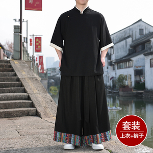 斜襟盘扣D亚麻中袖衬衫民族风复古裙裤阔腿裤套装TZ165-P176控198图片