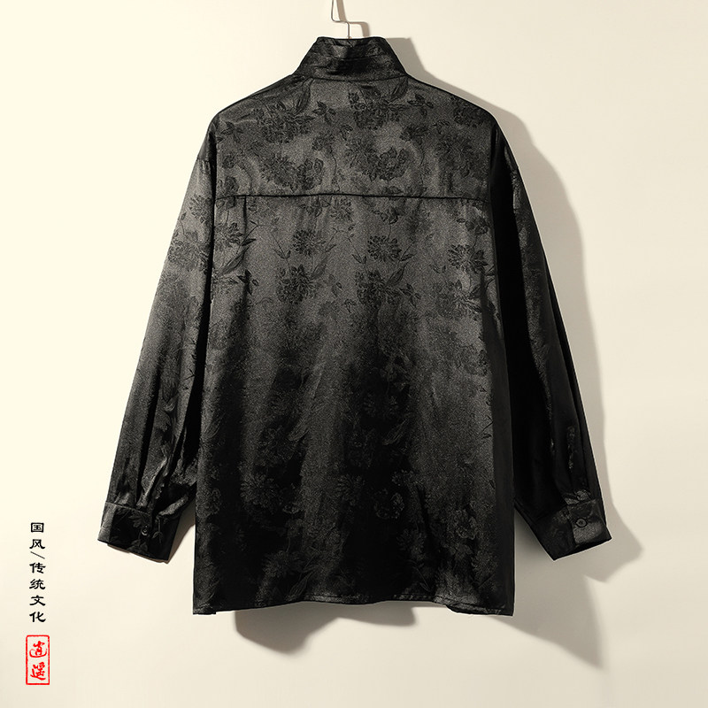 改良中式I缎面提花冰丝长袖珍珠扣立领小众衬衫男CS09-P75控98,男装衬衫,电商A005