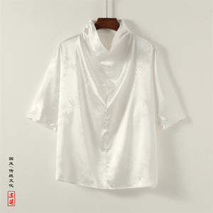 风L小高领堆堆领提花暗花小众设计树叶冰丝t恤T39-P65控88图片