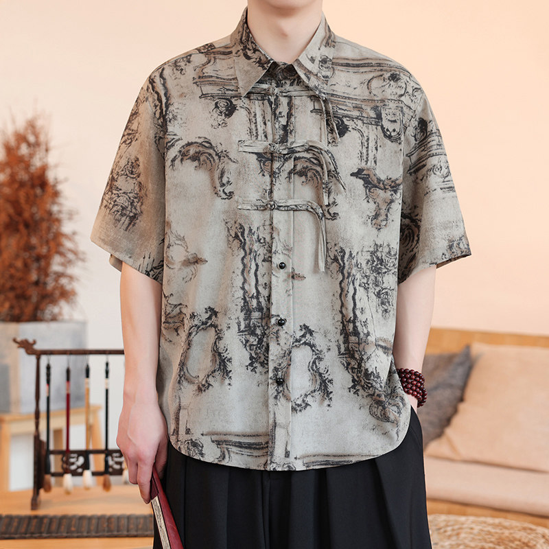 新中式C盘扣短袖衬衫男汉服唐装中山装树叶印花外套CS68-P70控98图片