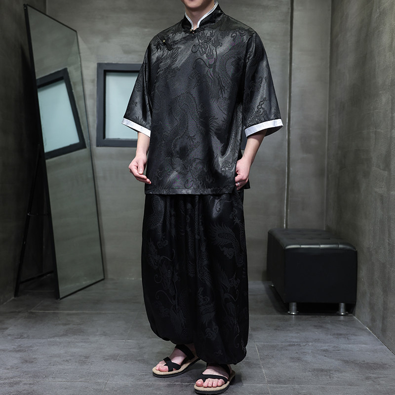 风C盘扣暗花龙纹冰丝中山装衬衫萝卜裤套装男TZ160-P120控148,男装衬衫,电商A005