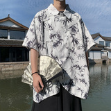 改良新中式G树叶印花冰丝短袖盘扣小众不规则衬衫男CS65-P58控78，男装T恤，电商A005