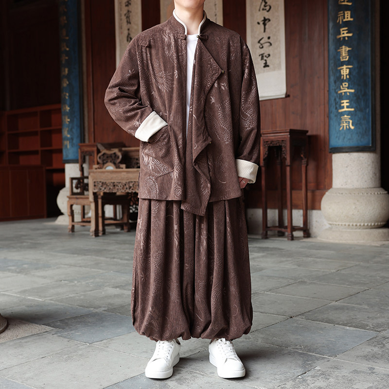 新中式AB龙纹灯芯绒中山装夹克外套束脚裤套装男TZ132-P173控198,男装休闲套装,电商A005