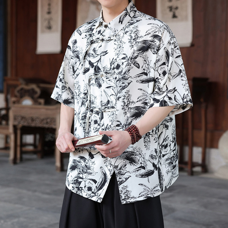 新中式J盘扣不规则设计树叶印花暗纹冰丝衬衫外套男CS69-P70控98图片