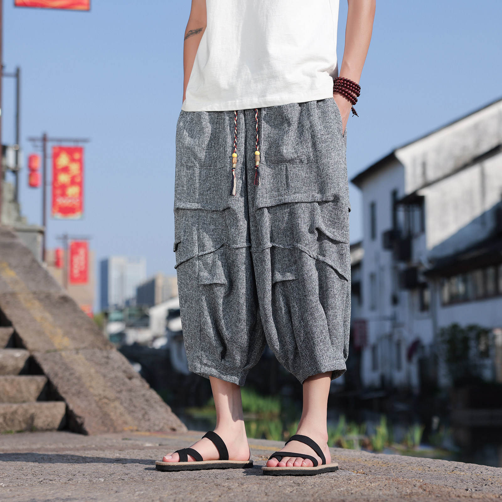 风I冰丝垂感折褶小众设计七分裤短裤阔腿裤男DK230-P60控88,男装牛仔裤,电商A005