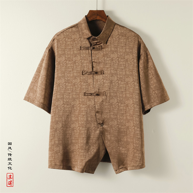 改良新中式H龟裂纹香云纱提花冰丝短袖盘扣衬衫男CS63-P68控88,男装T恤,电商A005