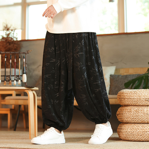 风新中式T保暖树叶印花纹灯芯绒阔腿束脚裤男K199-P68控88图片