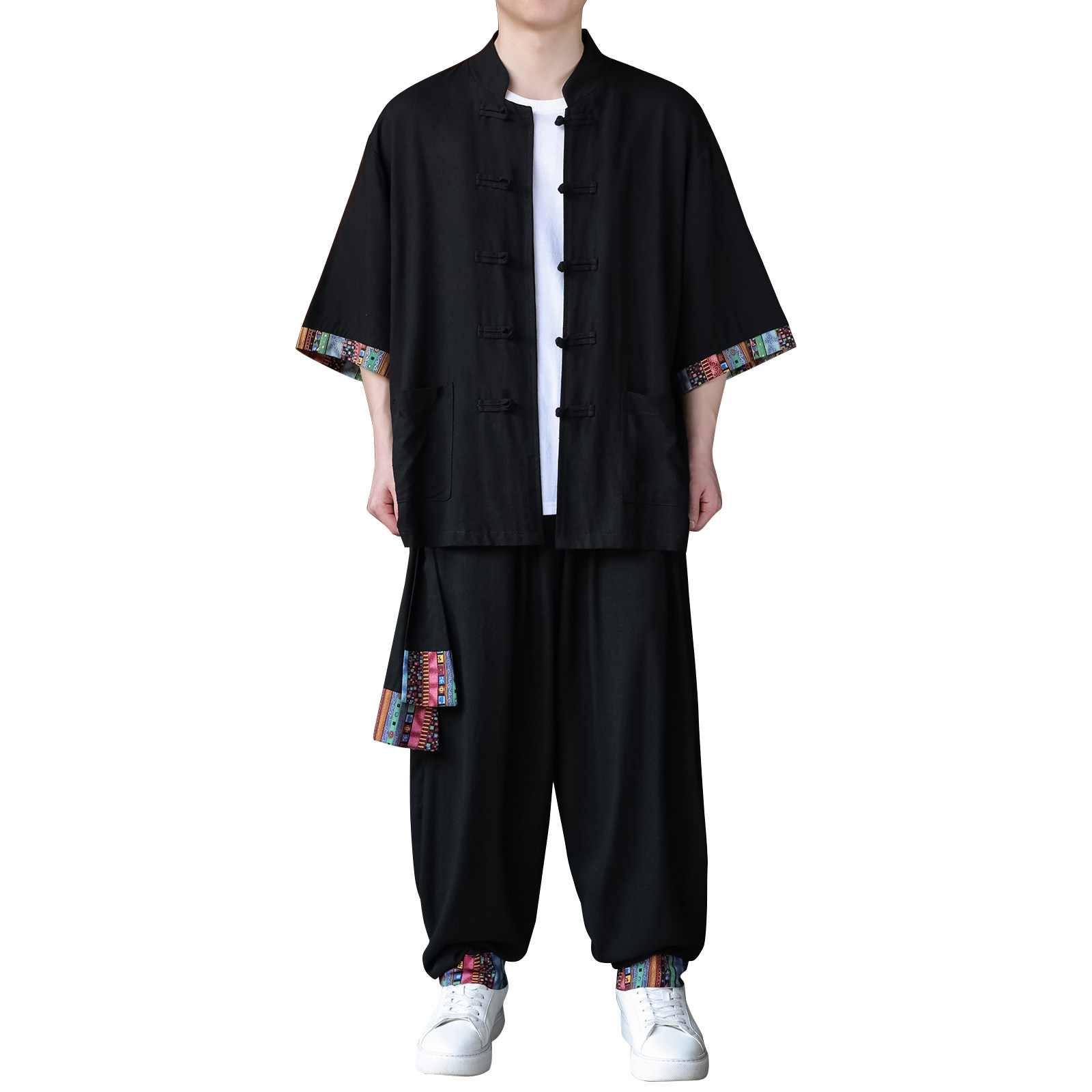 风民族风F盘扣亚麻棉麻衬衫大裤裆舞蹈阔腿裤TZ167-P150控198,男装休闲套装,电商A005