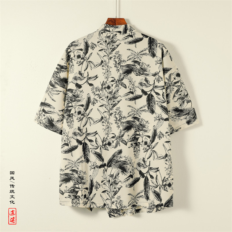 新中式A盘扣不规则设计树叶印花暗纹冰丝衬衫外套男CS69-P70控98,男装衬衫,电商A005