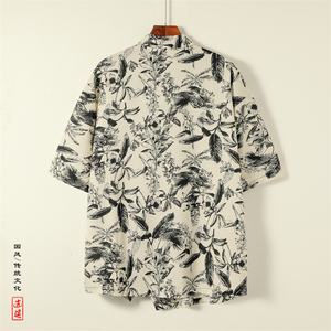 新中式A盘扣不规则设计树叶印花暗纹冰丝衬衫外套男CS69-P70控98图片