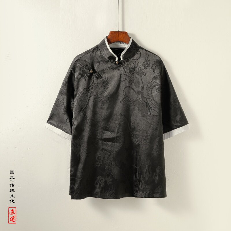 新中式G风斜襟盘扣龙纹冰丝中山装衬衫夹克外套男CS76-P65控78,男装夹克,电商A005